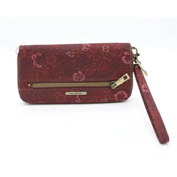 Travelon Floral RFID Wristlet Wallet Dark Red Pink Zip Around Small Hawaiian VTG - Picture 1 of 6